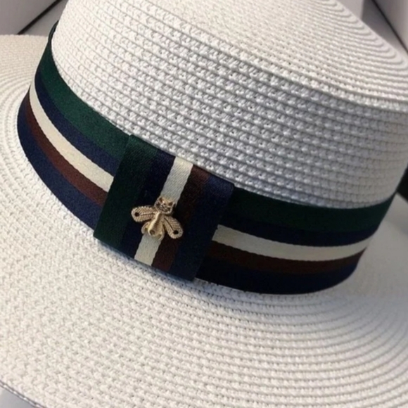 Accessories Mulicolor Striped Bee Flat Top Straw Hat With Ribbon
